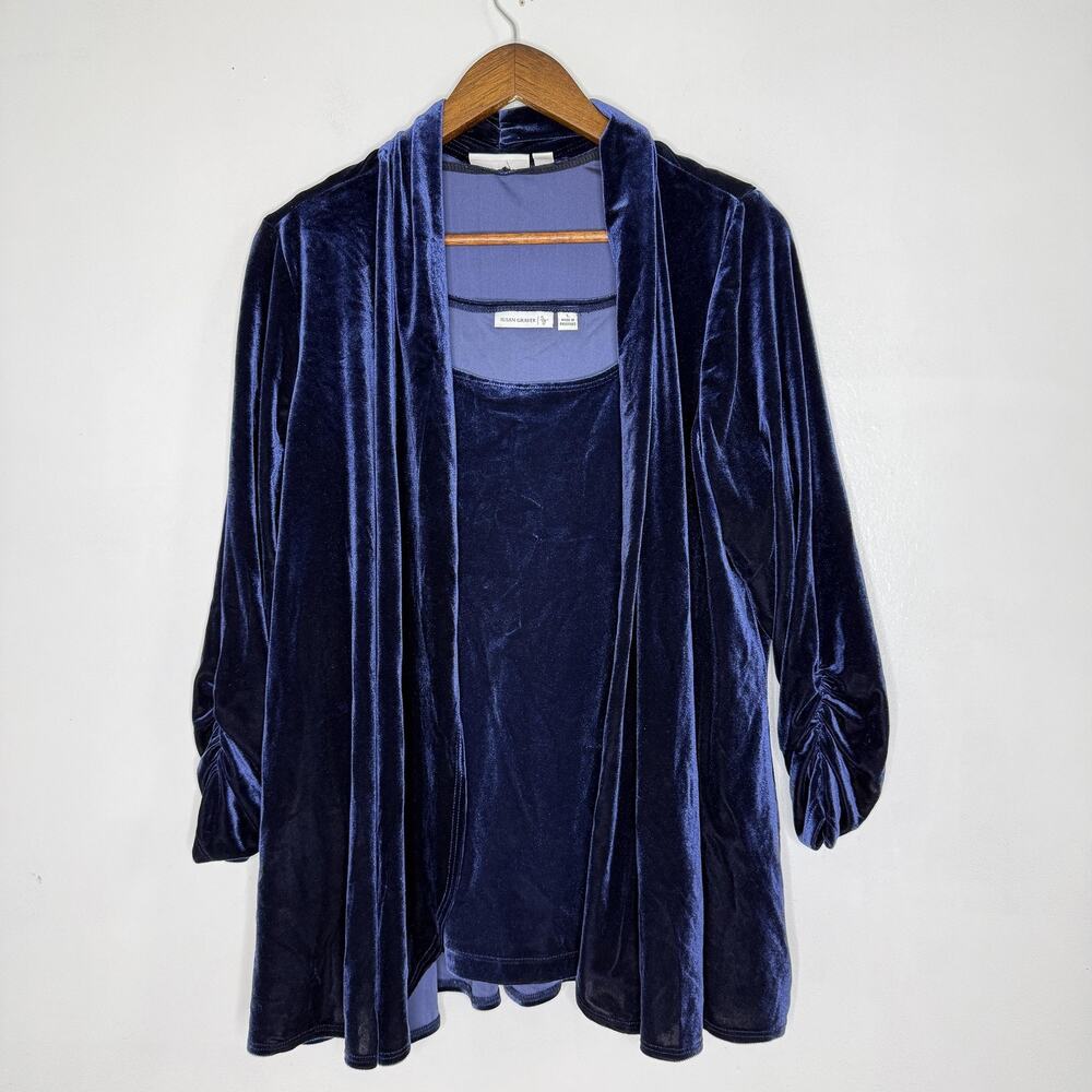 Susan Graver Twin Set Womens Large Blue Velvet Stretch Cardigan Tank Top Blouse